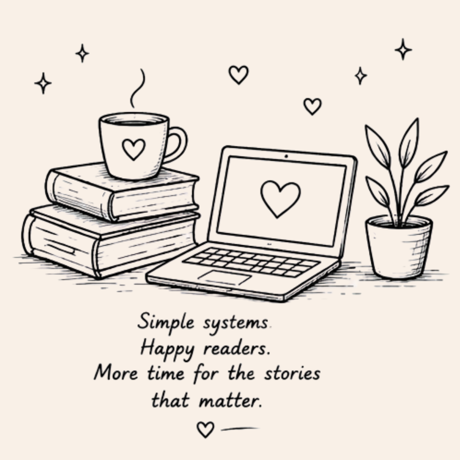 Cozy illustration of books, laptop and tea cup representing simple newsletter systems that create happy readers and more time for writing.