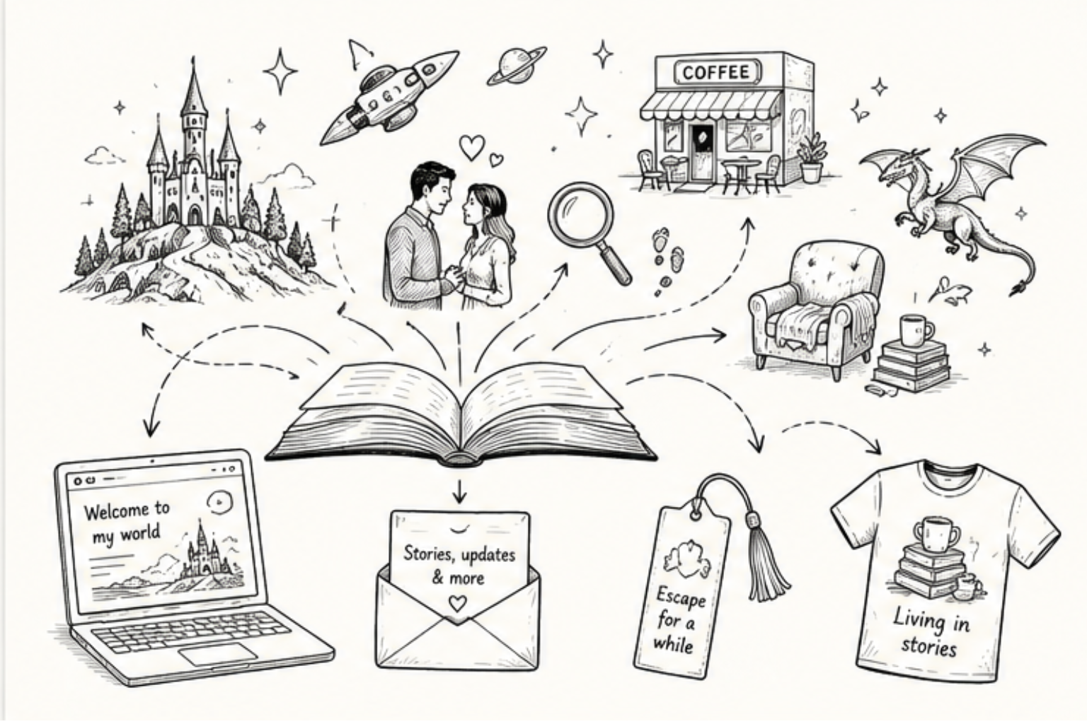 A book open on the table with arrows pointing to locations such as castles, coffee shops, armchairs and also t-shirts and bookmarks and emails.
