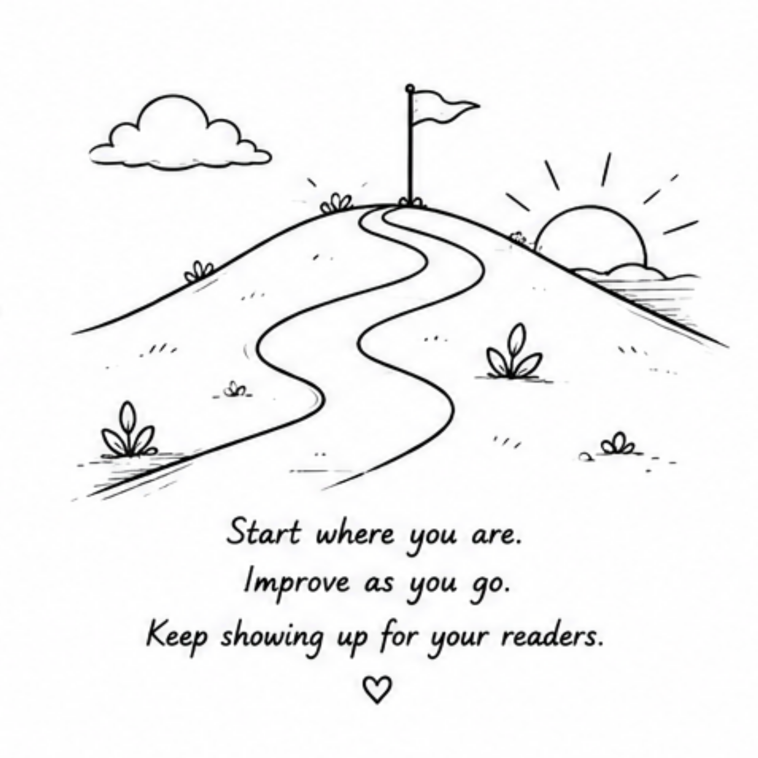 Minimal line drawing of a winding path leading to a flag with the message start where you are and improve as you go, representing practical indie author progress.