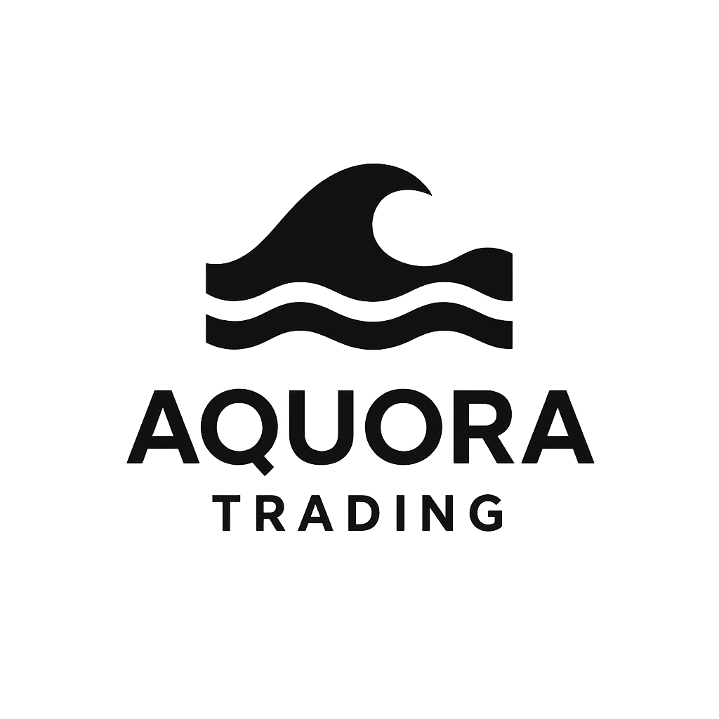 Logo with a stylized wave and a crescent moon above the words 'AQUORA TRADING' in black.