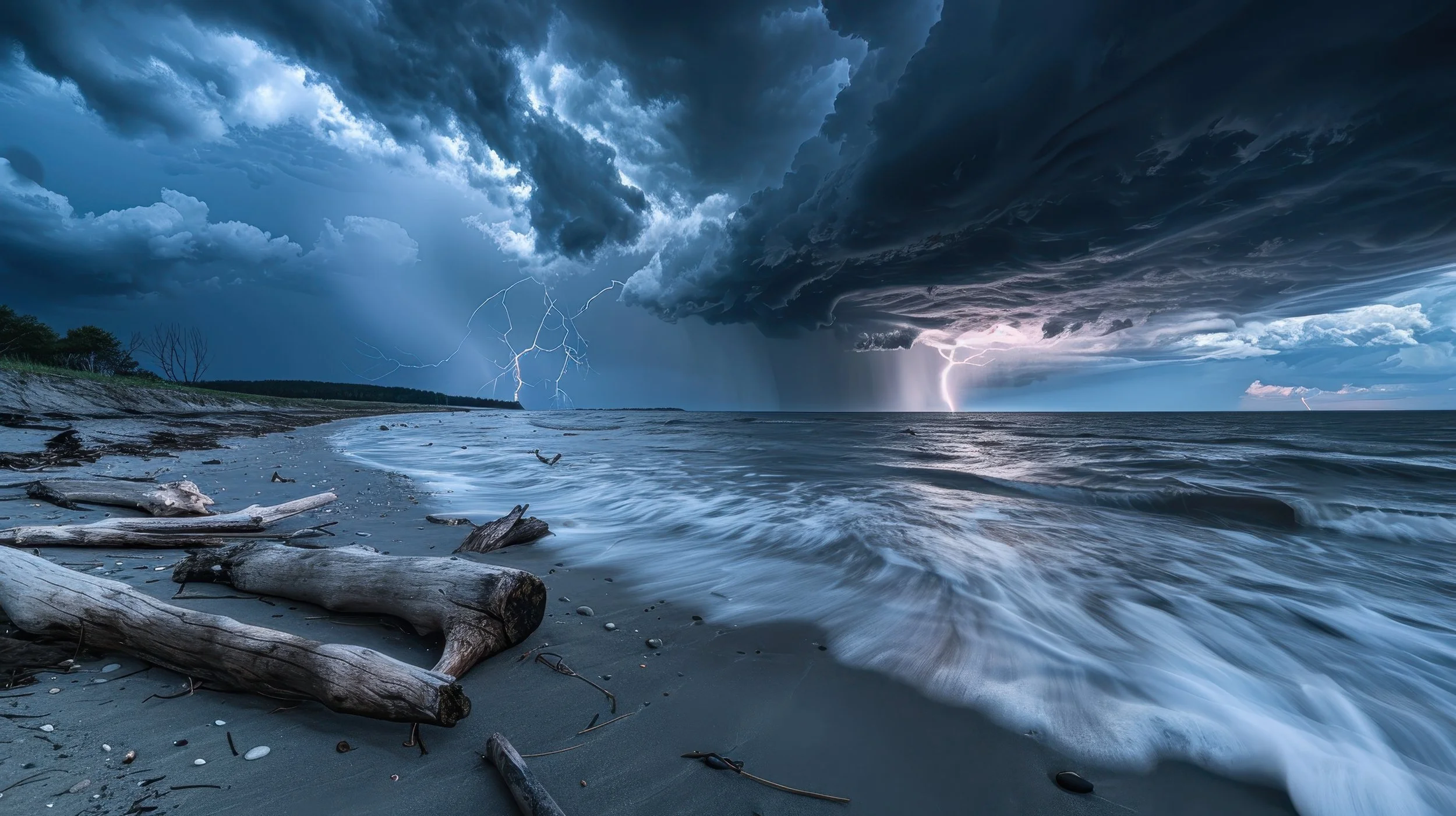 Dramatic ocean storm with lightning over dark clouds and driftwood on a sandy beach, photographed by Terra Australis Visuals. Moody seascape and storm photography Western Australia.