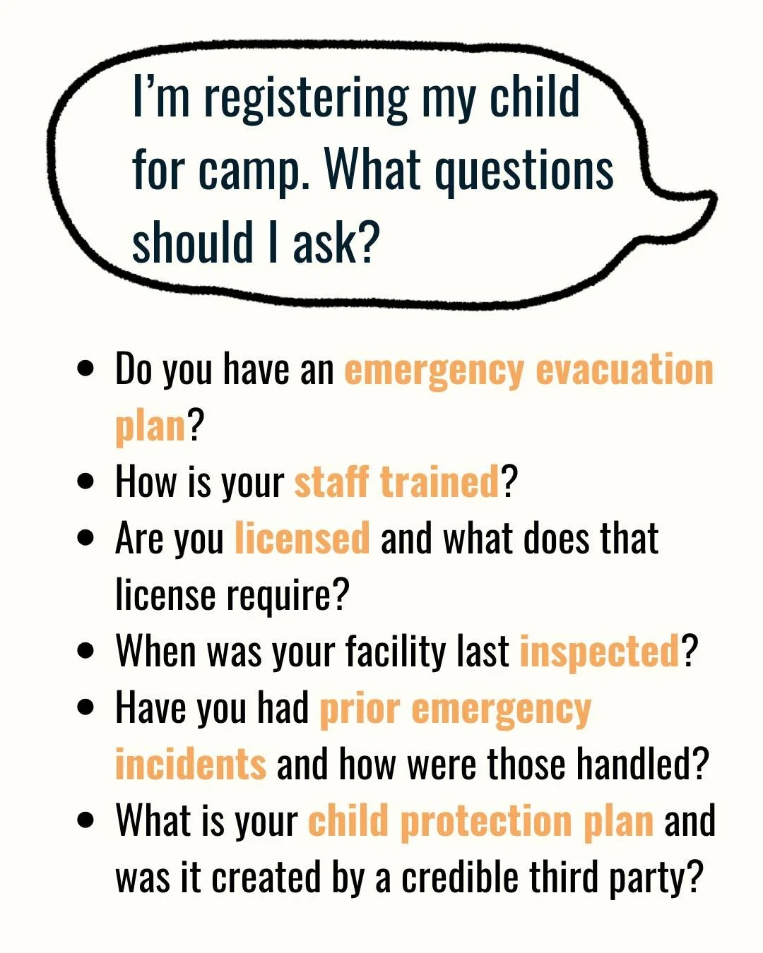 &ldquo;I&rsquo;m registering my child for camp. What questions should I ask?&rdquo; 💭

It&rsquo;s crucial that parents ask questions of camps and other youth-serving organizations. But ultimately, parents shouldn&rsquo;t have to play detective. That
