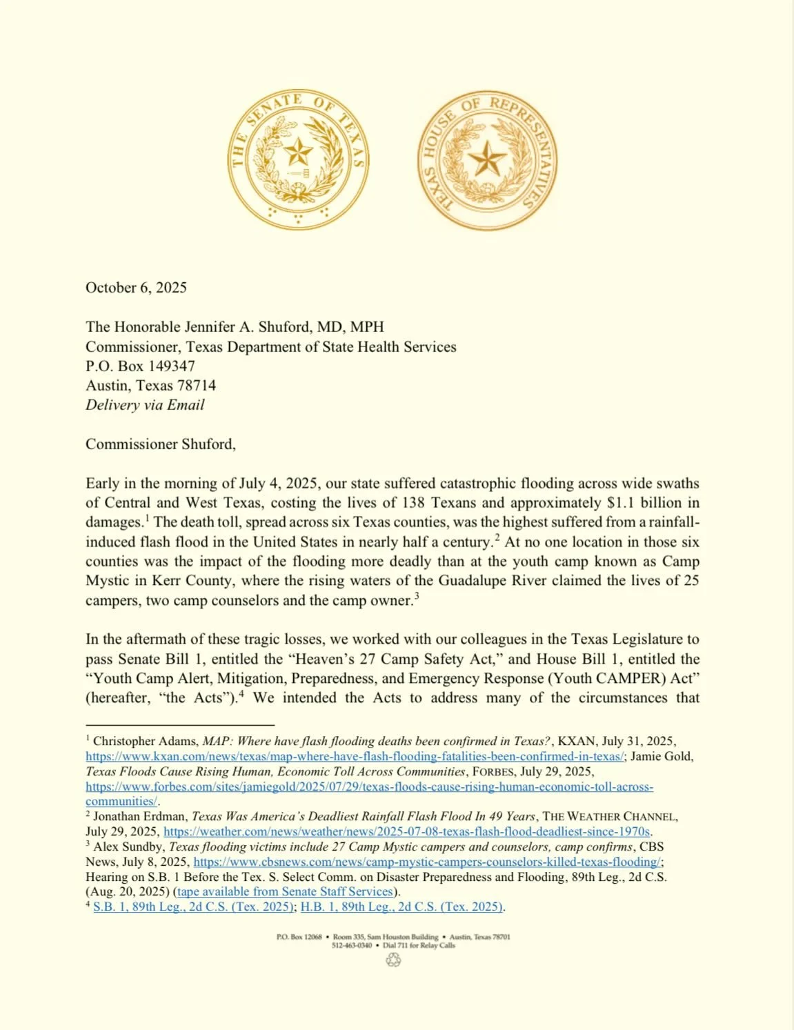 Dated October 6, 2025, the authors of SB1 and HB1 sent this letter clarifying legislative intent to the Texas Department of State Health Services (DSHS), the agency in Texas responsible for licensing camps and associated rules. 

Starting Summer 2026