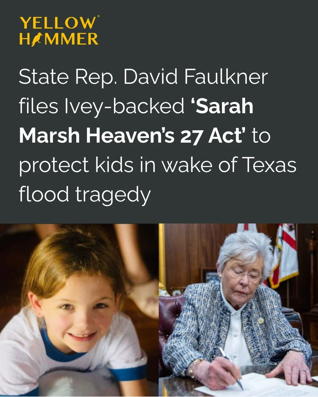 We are grateful to Rep. Faulkner for filing the &ldquo;Sarah Marsh Heaven&rsquo;s 27 Camp Safety Act&rdquo; with the full support of @GovernorKayIvey. 

The bill is named in honor of Birmingham-resident Sarah Marsh and the other #Heavens27 girls who 
