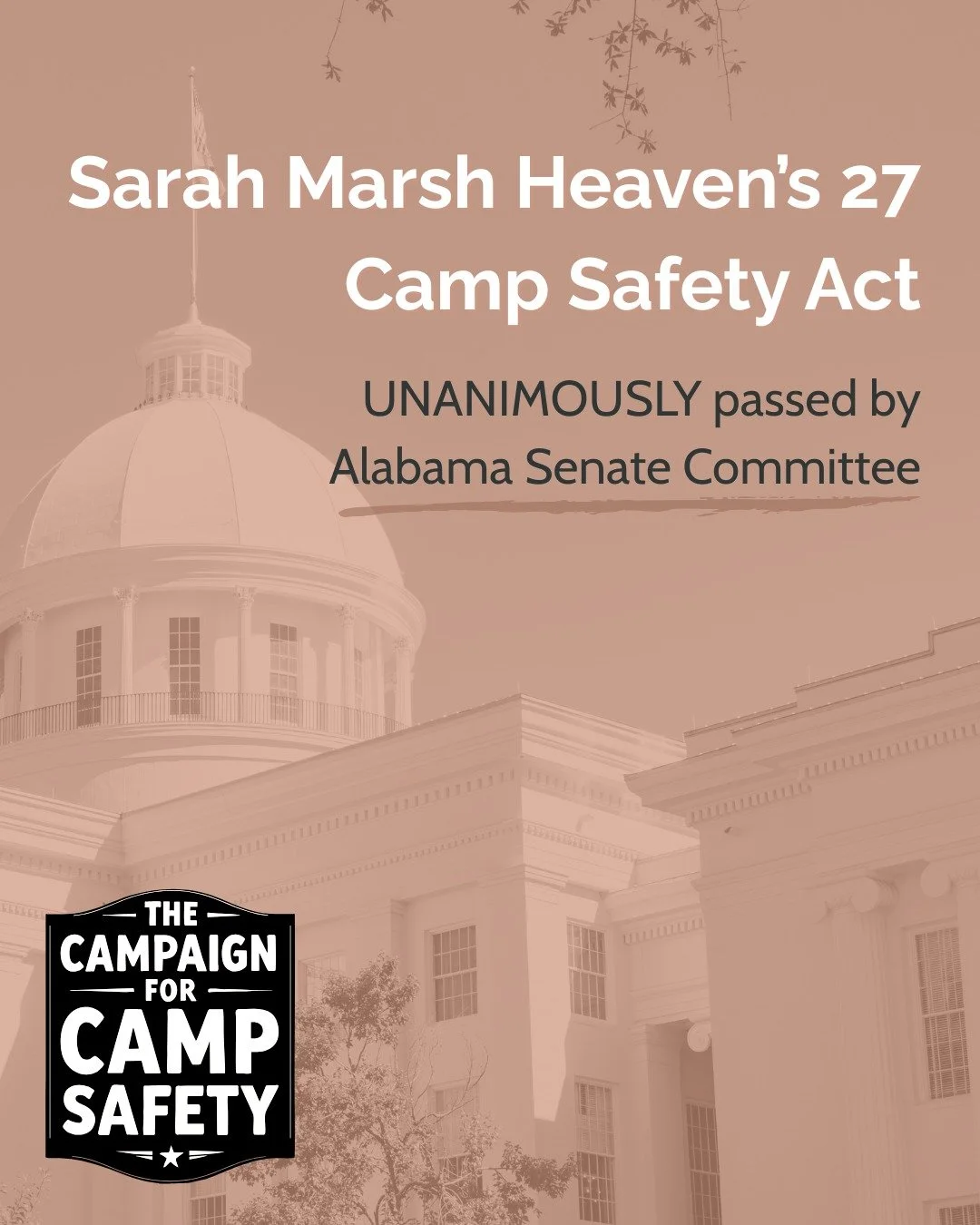 📢 UPDATE on camp safety bill progress in Alabama!

Today, the Sarah Marsh Heaven&rsquo;s 27 Camp Safety Act has been voted out of committee UNANIMOUSLY by the Alabama Senate Committee on Fiscal Responsibility and Economic Development.

We are gratef