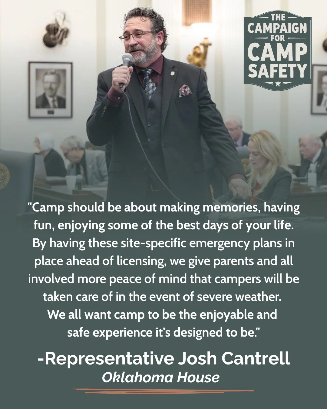 📣 Progress for Camp Safety in Oklahoma!

On Tuesday, State Rep. Josh Cantrell passed a bill in the Oklahoma House that would require all youth camps in the state to conduct a site-specific hazard assessment prior to licensure or renewal and to devel