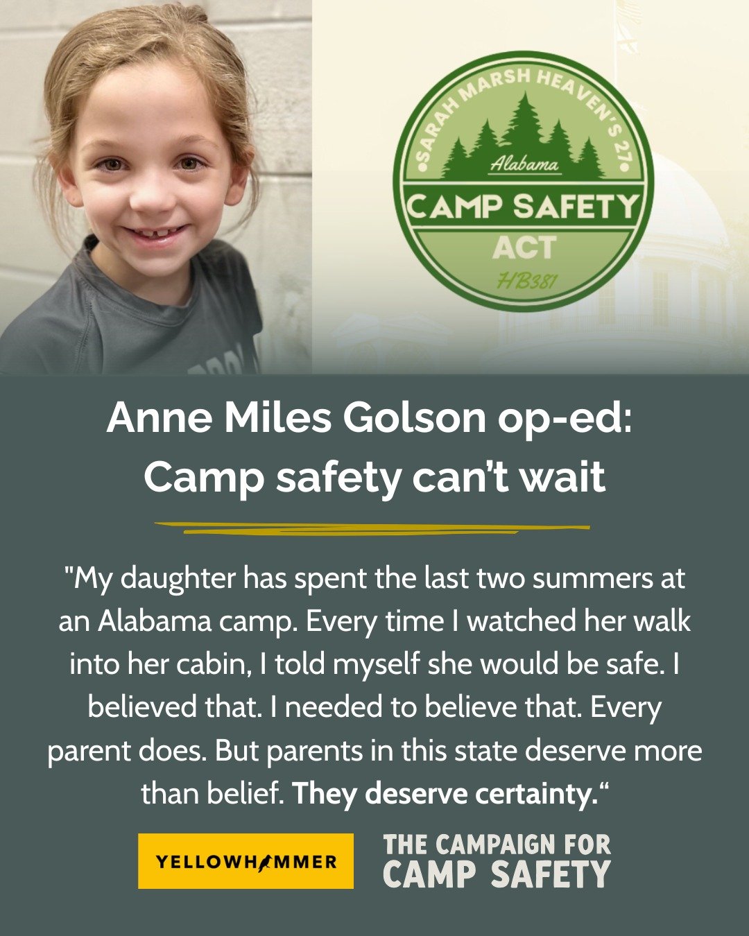 &ldquo;With only a few legislative days remaining, there is no time to wait. Our children&rsquo;s safety cannot be delayed. Twenty-six families sent their daughters to camp last summer expecting to bring them home. They did not. Don&rsquo;t let anoth