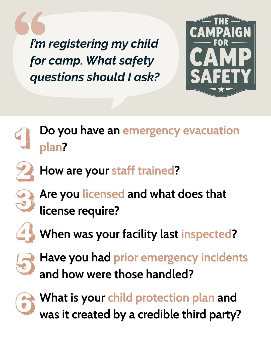 &ldquo;I&rsquo;m registering my child for camp. What safety questions should I ask?&rdquo; 💭

It&rsquo;s crucial that parents ask questions of camps and other youth-serving organizations. But ultimately, parents shouldn&rsquo;t have to play detectiv