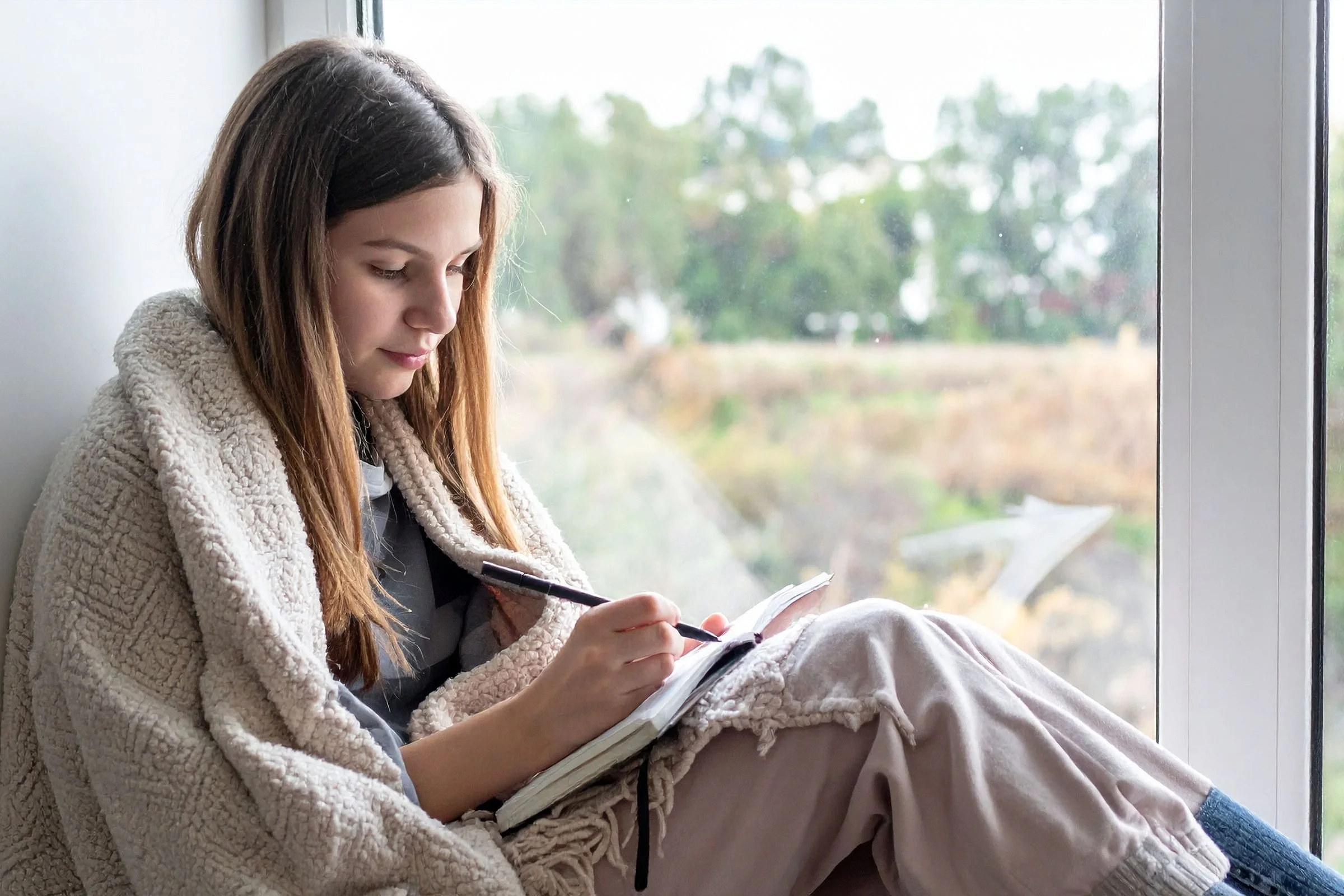 A woman wrapped in a cozy blanket sits by a window, writing in a notebook. She appears relaxed and thoughtful, with a blurred outdoor view behind her.