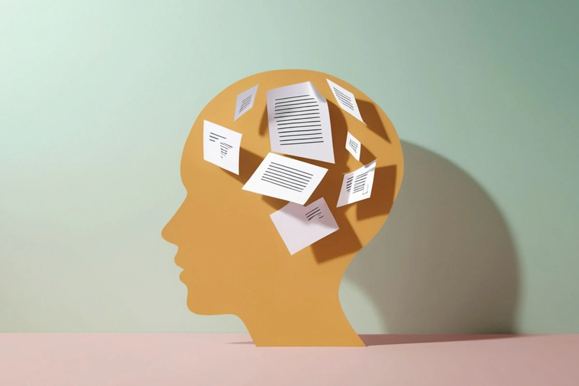 Paper silhouette of a head with floating notes representing racing thoughts, focus challenges, and ADHD in teenagers.