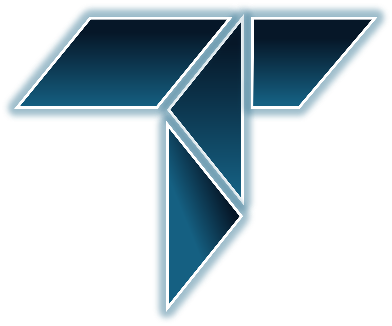 A stylized, geometric logo with a large, dark blue letter 'T'