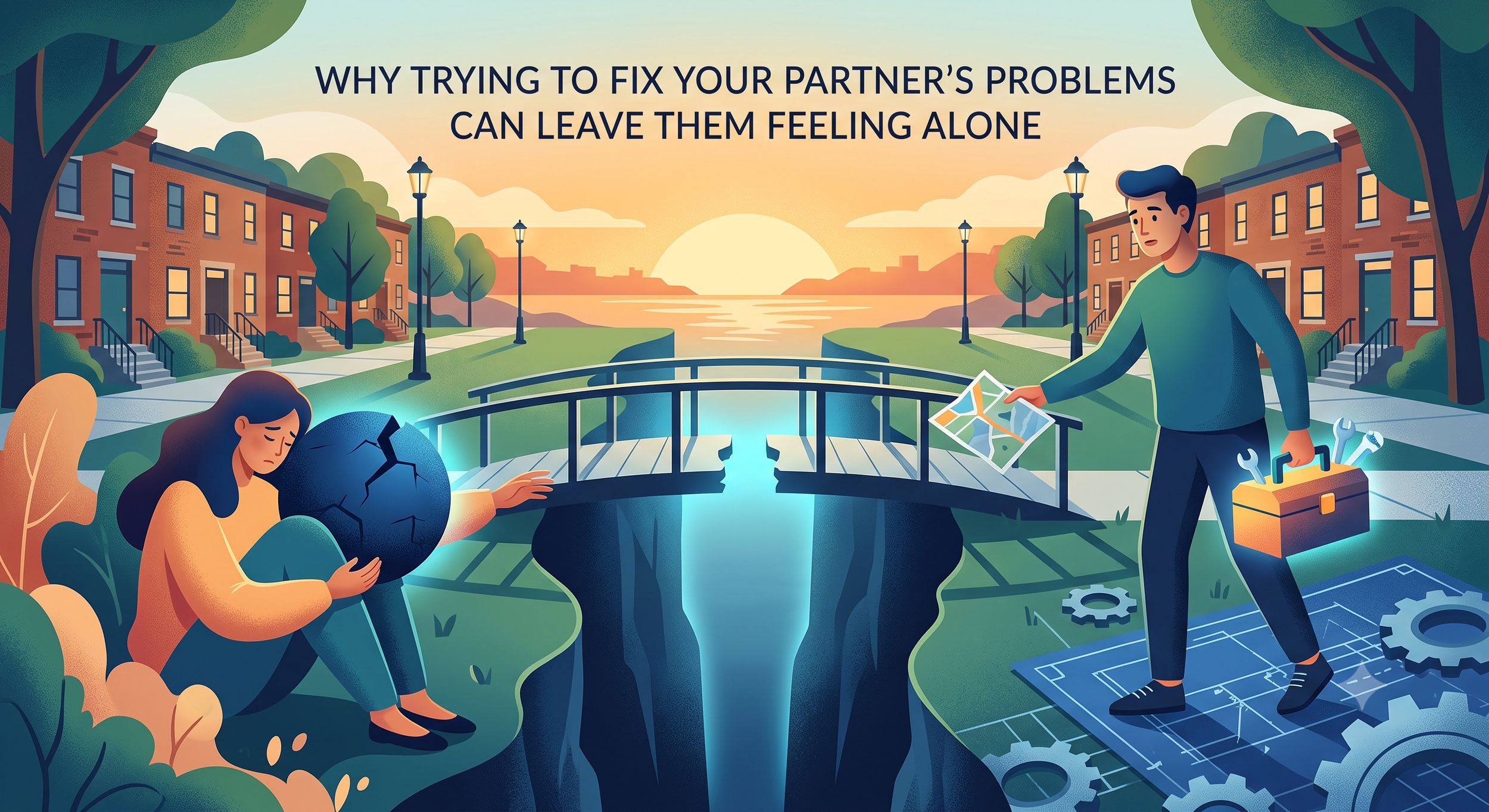 Why Trying to fix your partner's problems can leave them feeling alone depicting couple across a cracked bridge with a toolbox.  Photo depicting need for marriage counseling Queens couples therapy Queens Michal Goldman LCSW