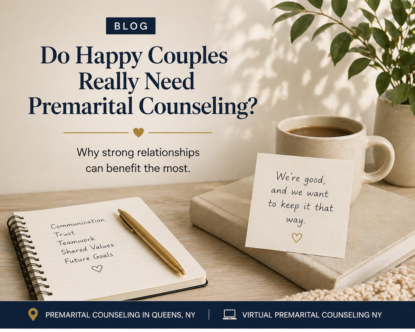 Coffee cup and notebook depicting happy couple premarital counseling virtual NY do I need premarital counseling Michal Goldman LCSW marriage counseling queens, premarital counseling virtual NY