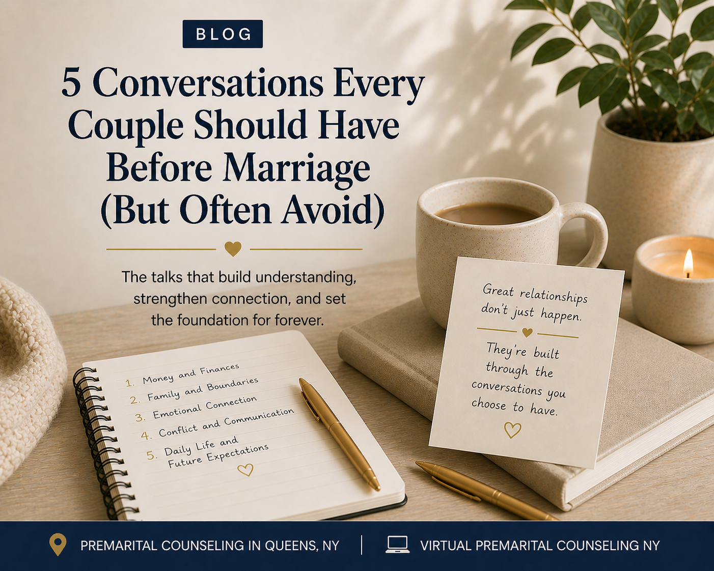 5 Conversations every couple should have before marriage but often avoid virtual premarital counseling NY Michal Goldman LCSW marriage counseling Queens
