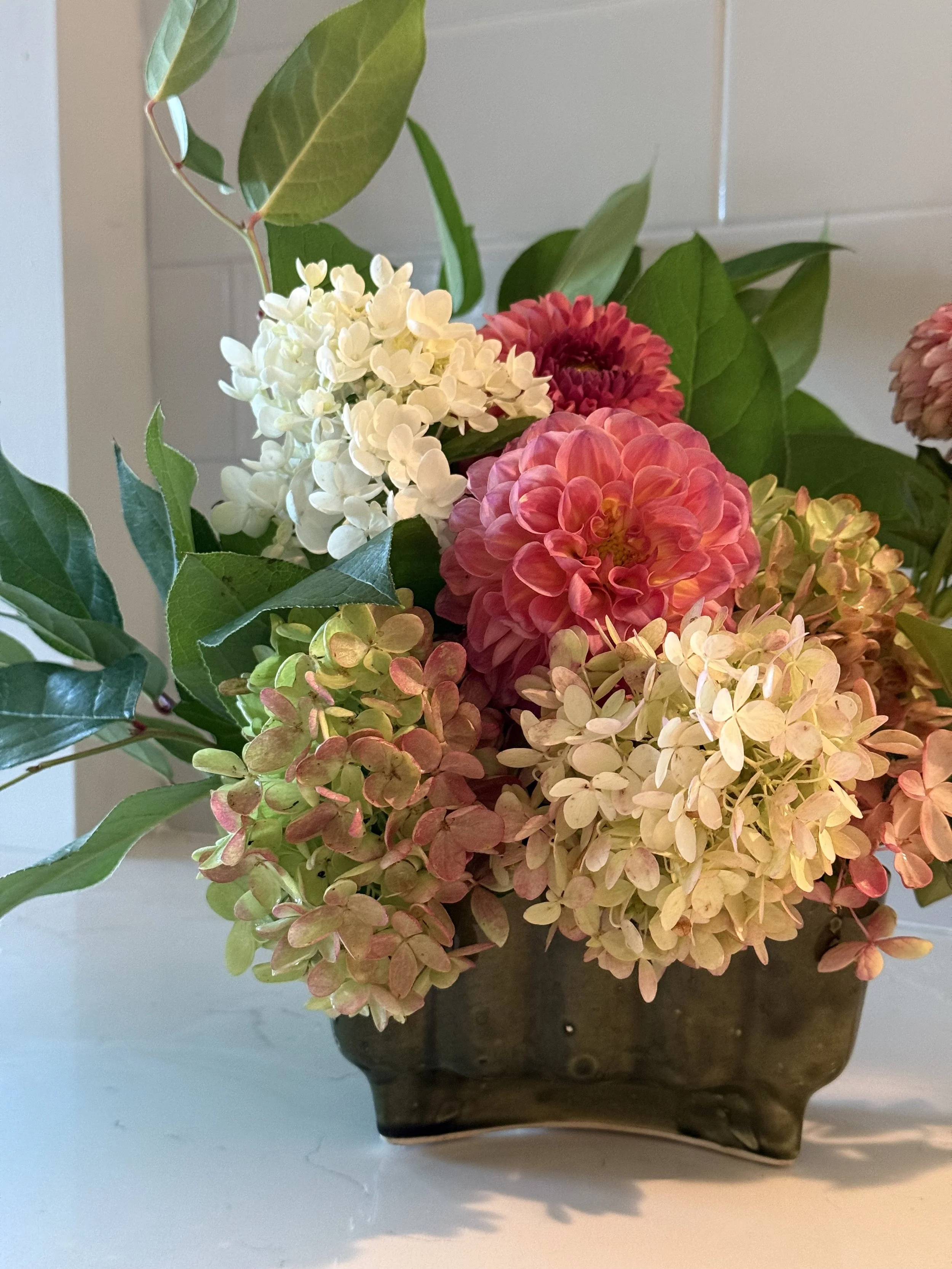 A floral arrangement featuring white, pink, and cream-colored hydrangeas with green leaves in a dark ceramic vase.