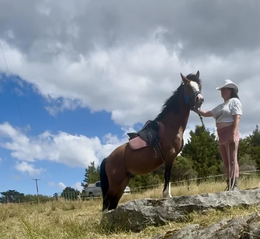 A woman in a white hat and light pink pants holds a brown and white horse by the bridle on a grassy hill with a large rock in the foreground, cloudy blue sky, trees, and a white pickup truck in the background.