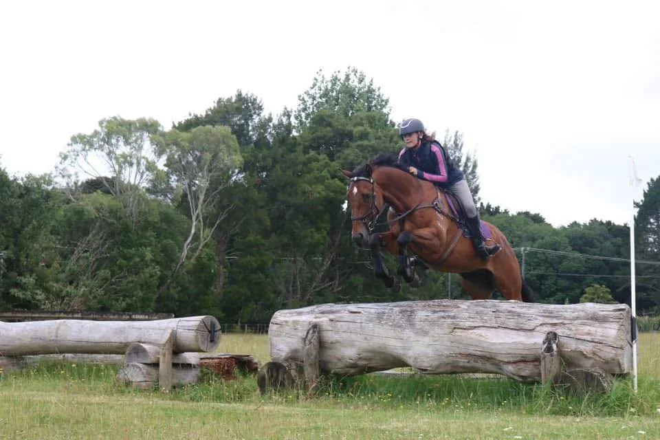 A person riding a horse jumps over a wooden obstacle in an outdoor equestrian cross-country course.