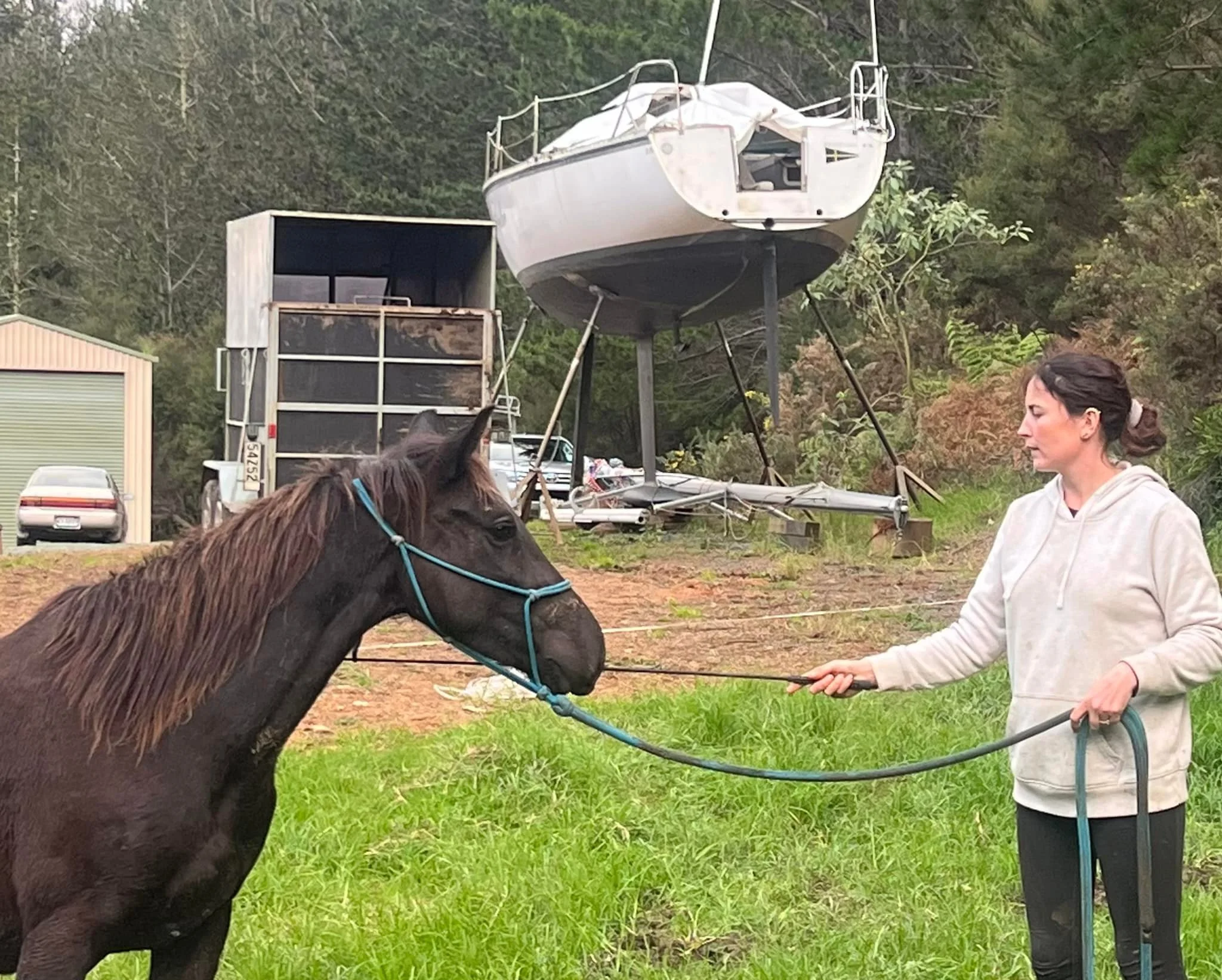 A woman in a light-colored hoodie holding a horse by a lead rope, with a damaged boat suspended on supports and a helicopter on its side in the background on a grassy area.