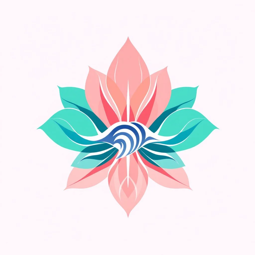 A stylized, symmetrical lotus flower with pastel pink, blue, and turquoise petals and a blue swirl at the center symbol for health and wellness