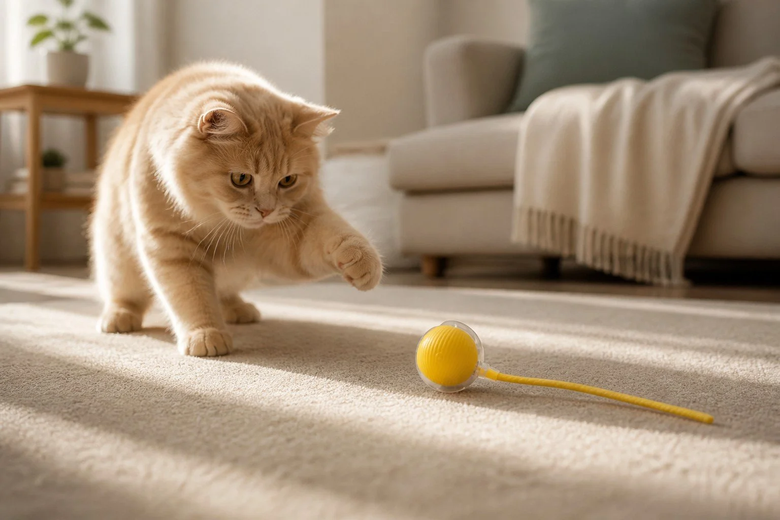 A ginger cat playing with a yellow automatic ball with a tail to entice play.