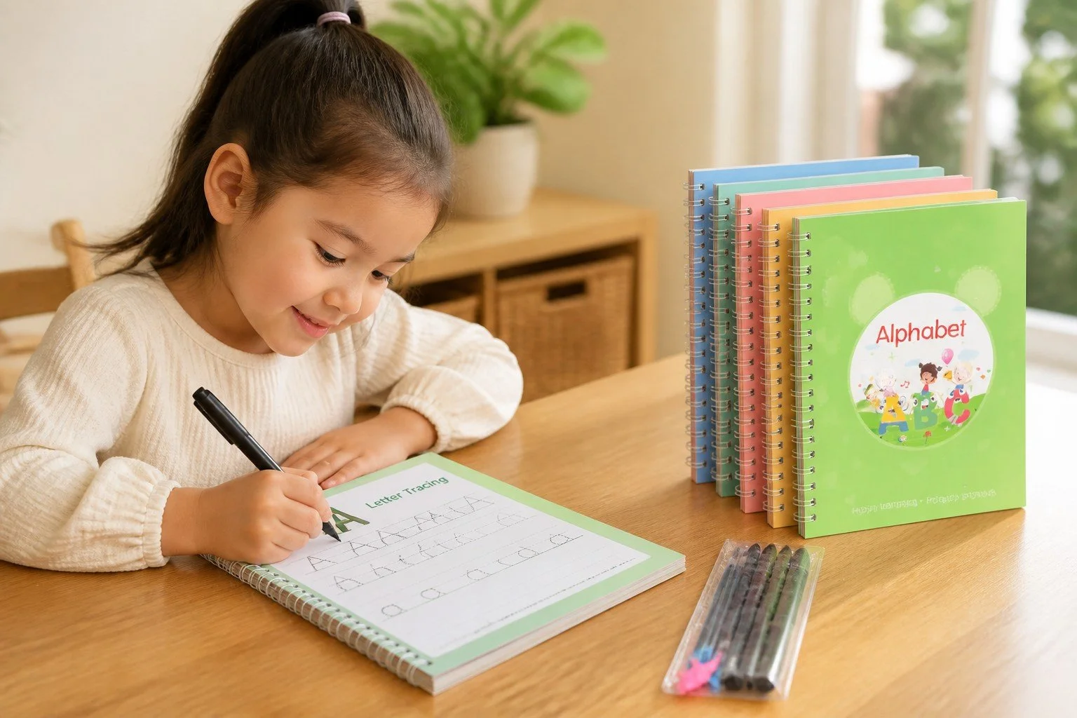A young girl is drawing on a letter tracing workbook that has grooved line to make the tracing easier. This set is for letters, numbers, math, and drawing. 5 books in the set and the marker disappear making the books reusable.