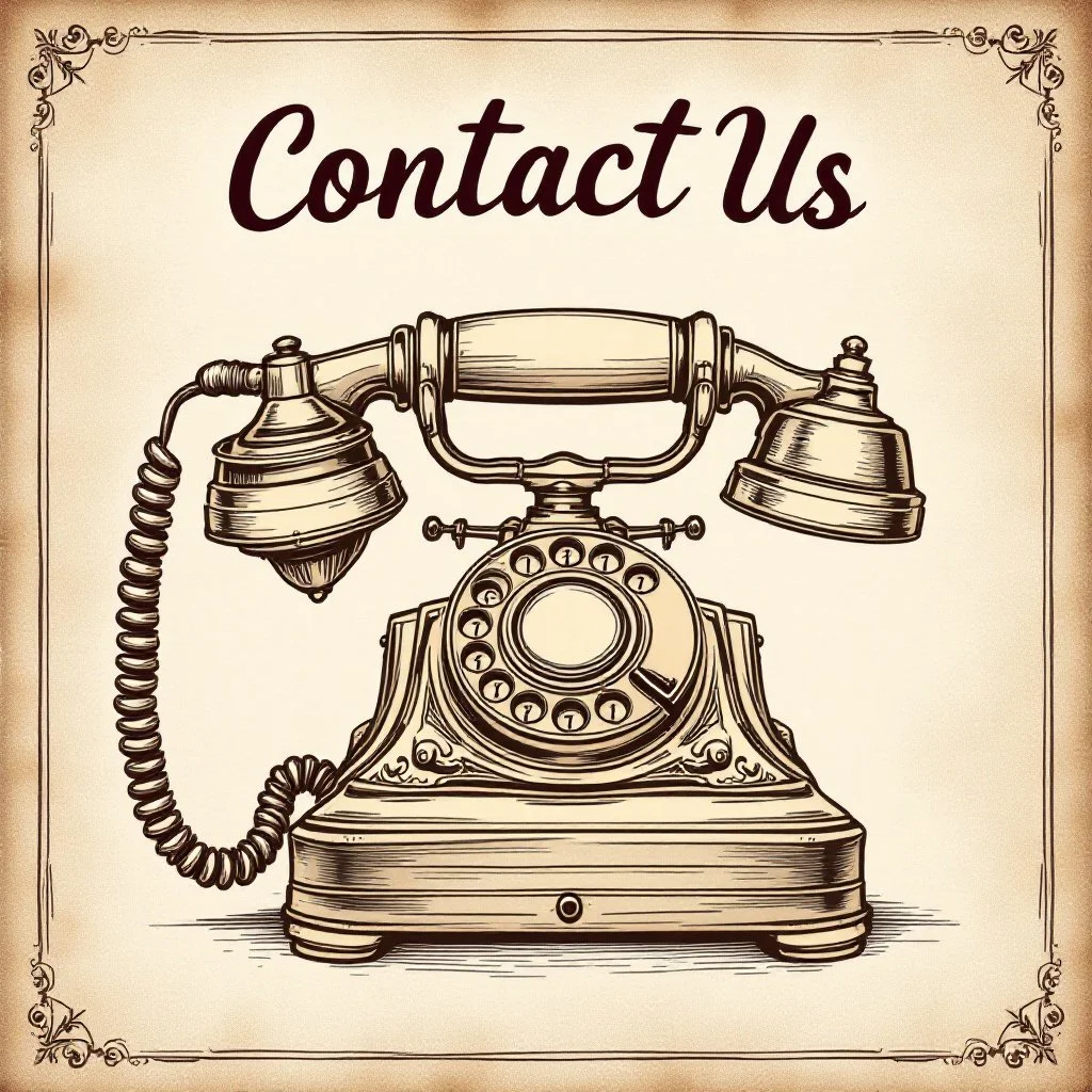 Vintage illustration of an old-fashioned rotary telephone with the text "Contact Us" above it, all framed with decorative corners this symbol is for contact us on the website.