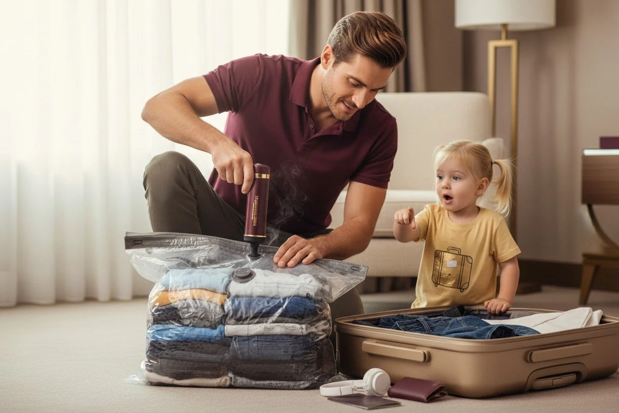 A man and a little girl pack a suitcase with clothes in a hotel room using the vacuum seal travel bags to save space in their luggage.