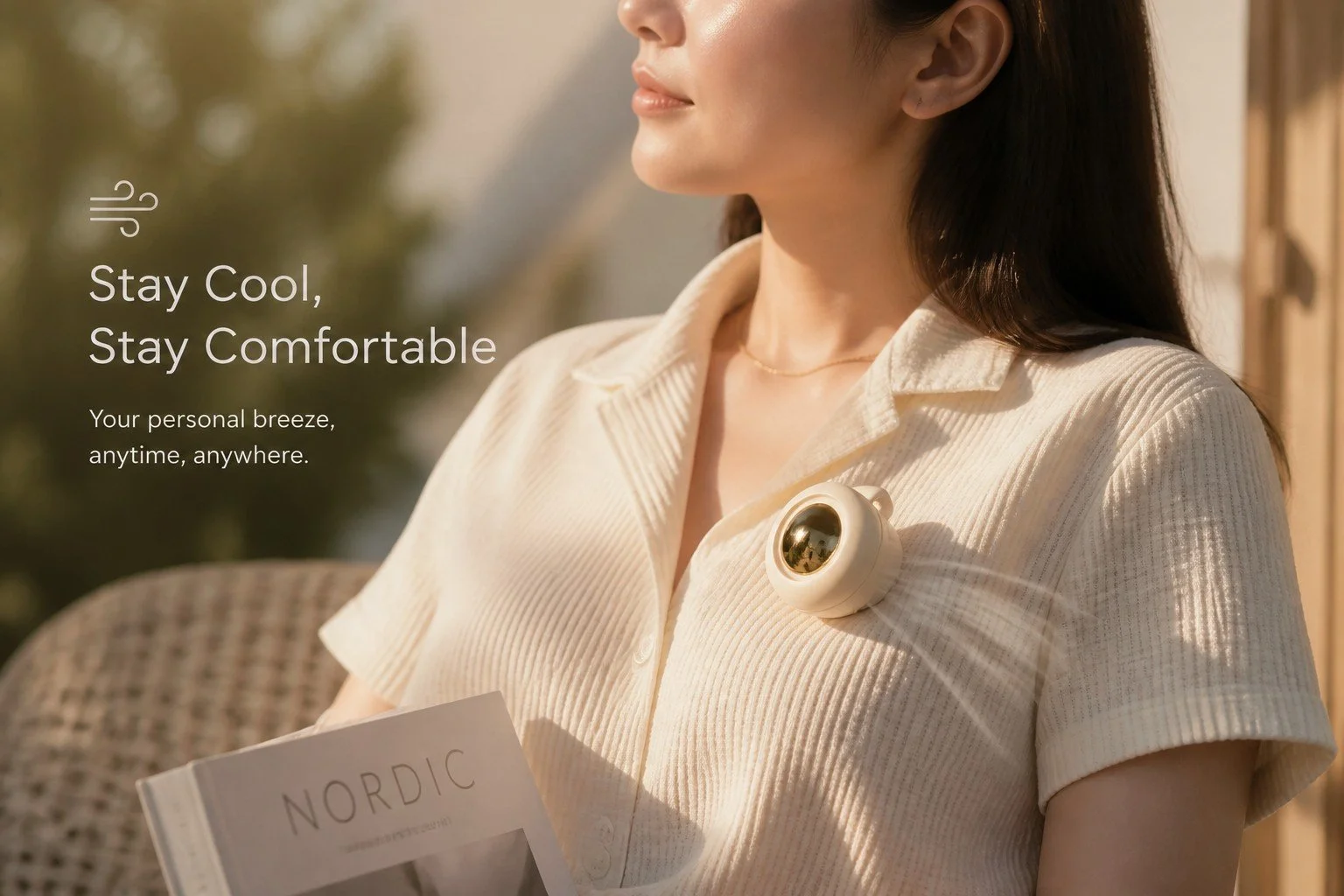 A woman sitting outside, wearing a beige polo shirt and a portable personal fan attached to her chest to keep her cool. USB rechargable