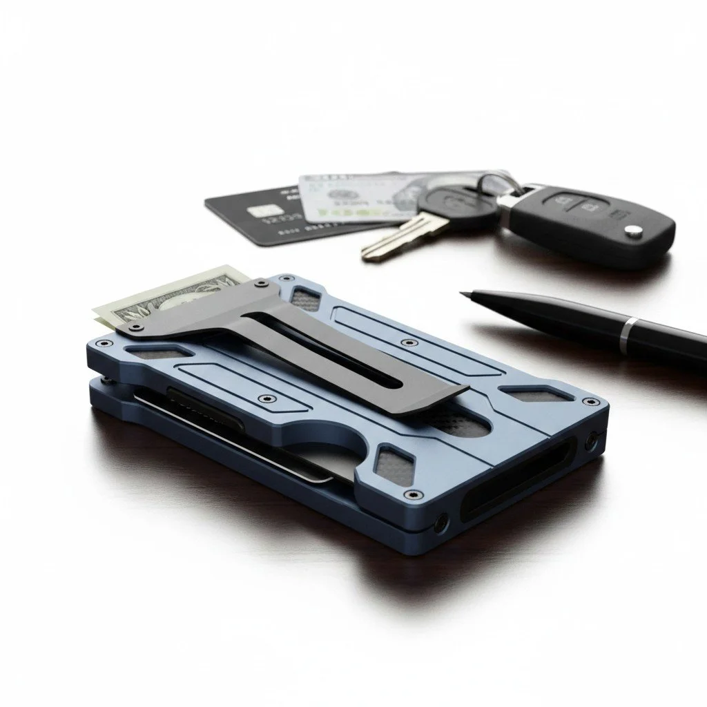A minimalist RFID blocking wallet to hold your cards and a money clip to keep your bills secure, a set of car keys, a black pen, and a folding knife on a white surface.