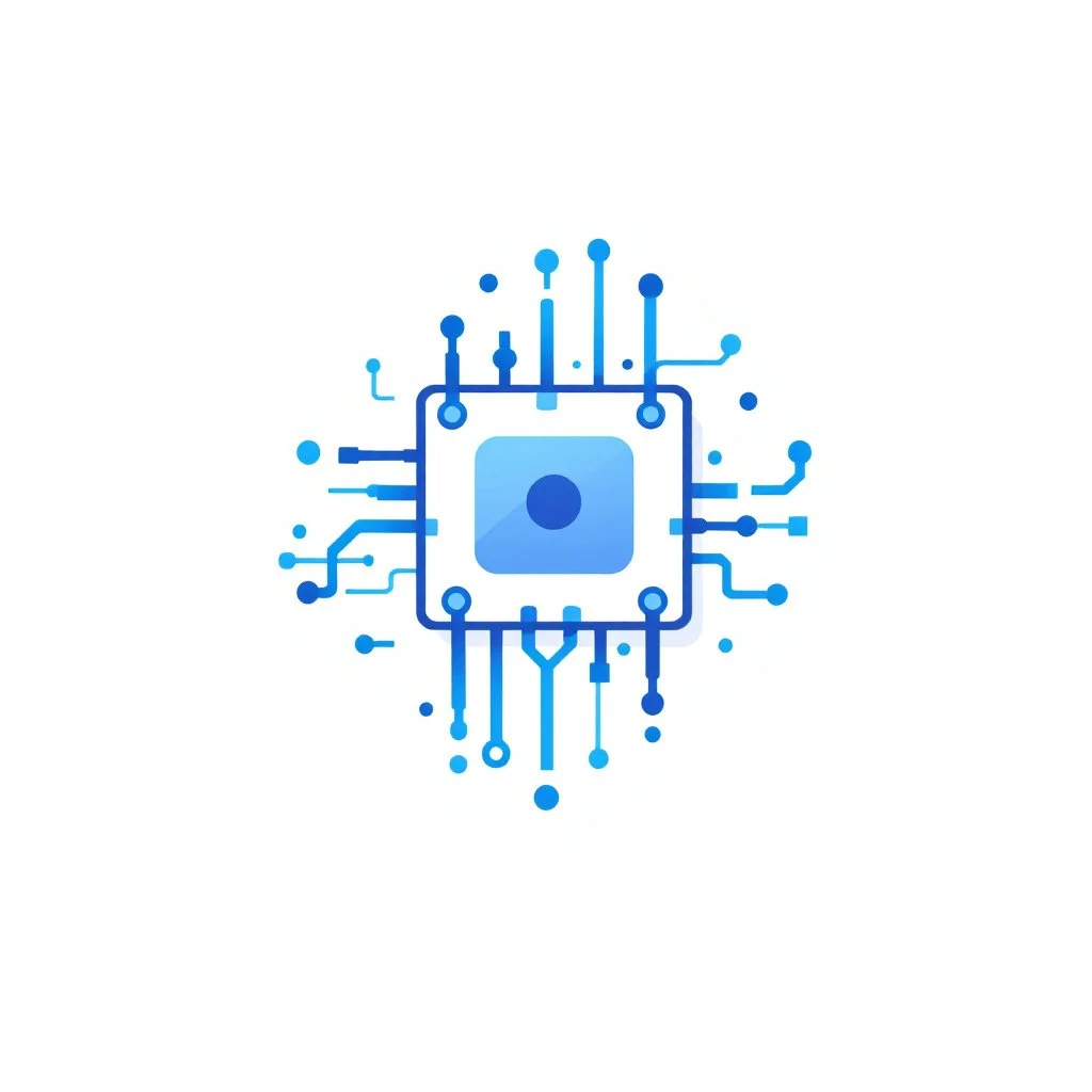 Illustration of a microchip with connecting circuit lines in blue on a white background symbol for electronics on the website.