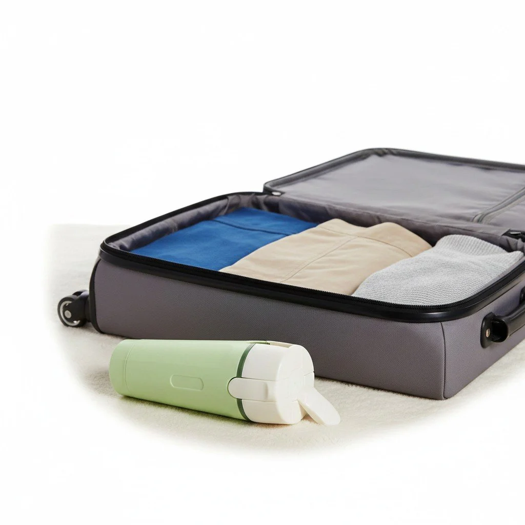 Open suitcase with clothes inside and a travel pump cup to hold shampoo,conditioner, and lotions  in front.