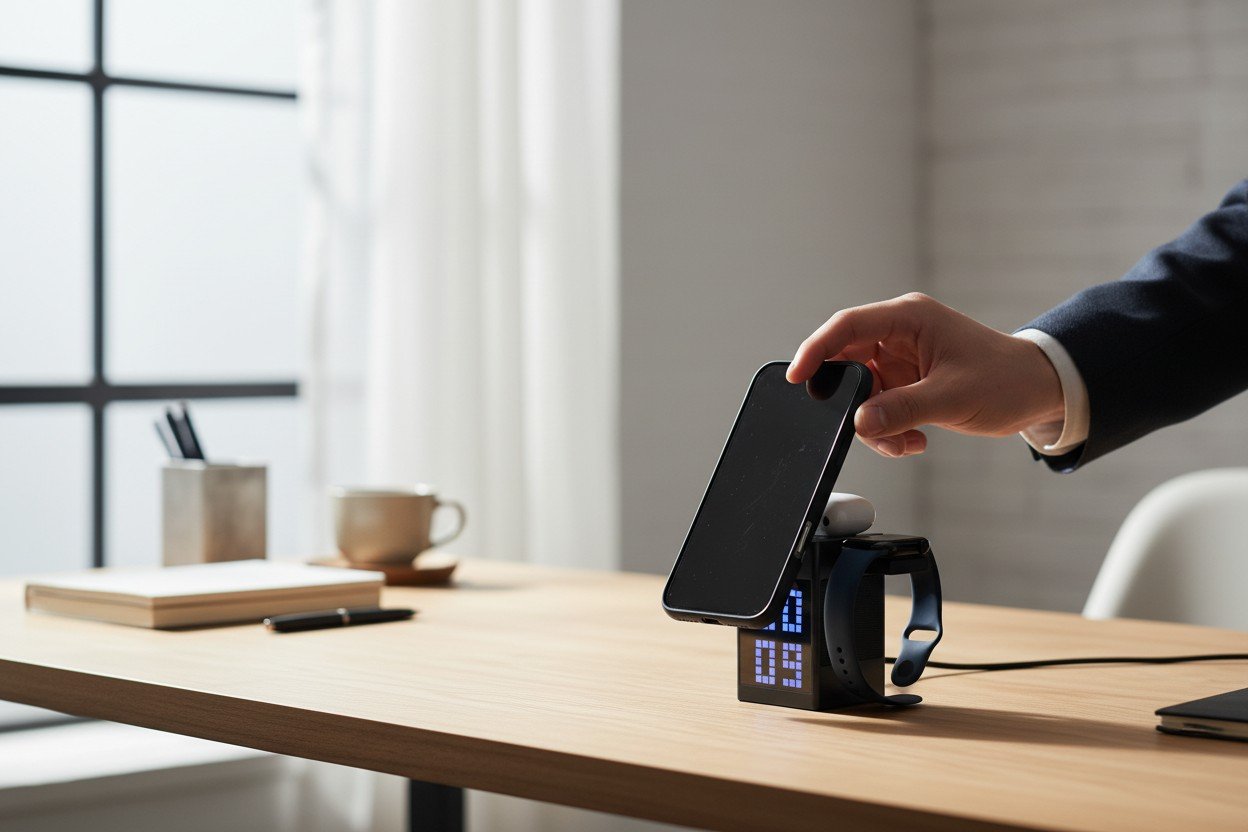 A person in a suit places a smartphone on the 6 in 1 charger which has blue tooth, alarm clock, and can charge your phone and ipods also.