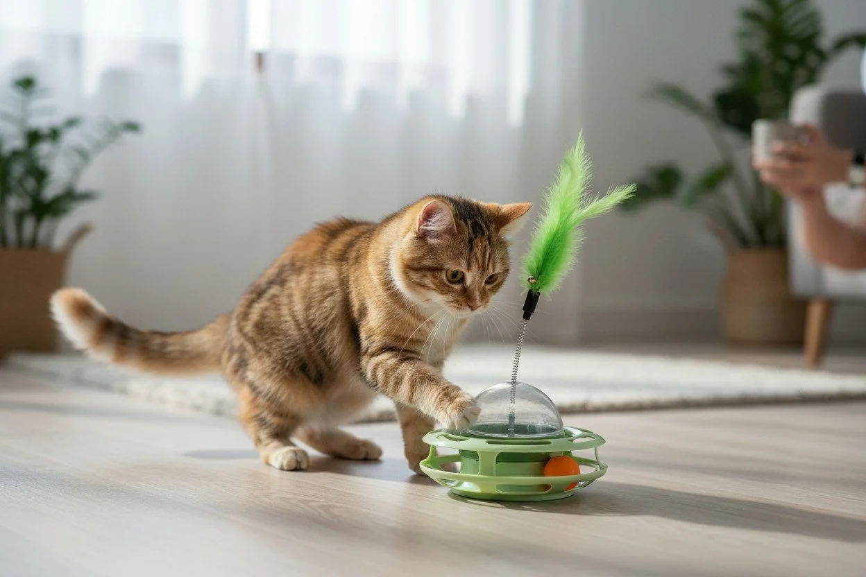 A tabby cat playing with a UFO toy which has balls in the bottom to chase around in the circle and a feather on top to swipe at with it's paws.