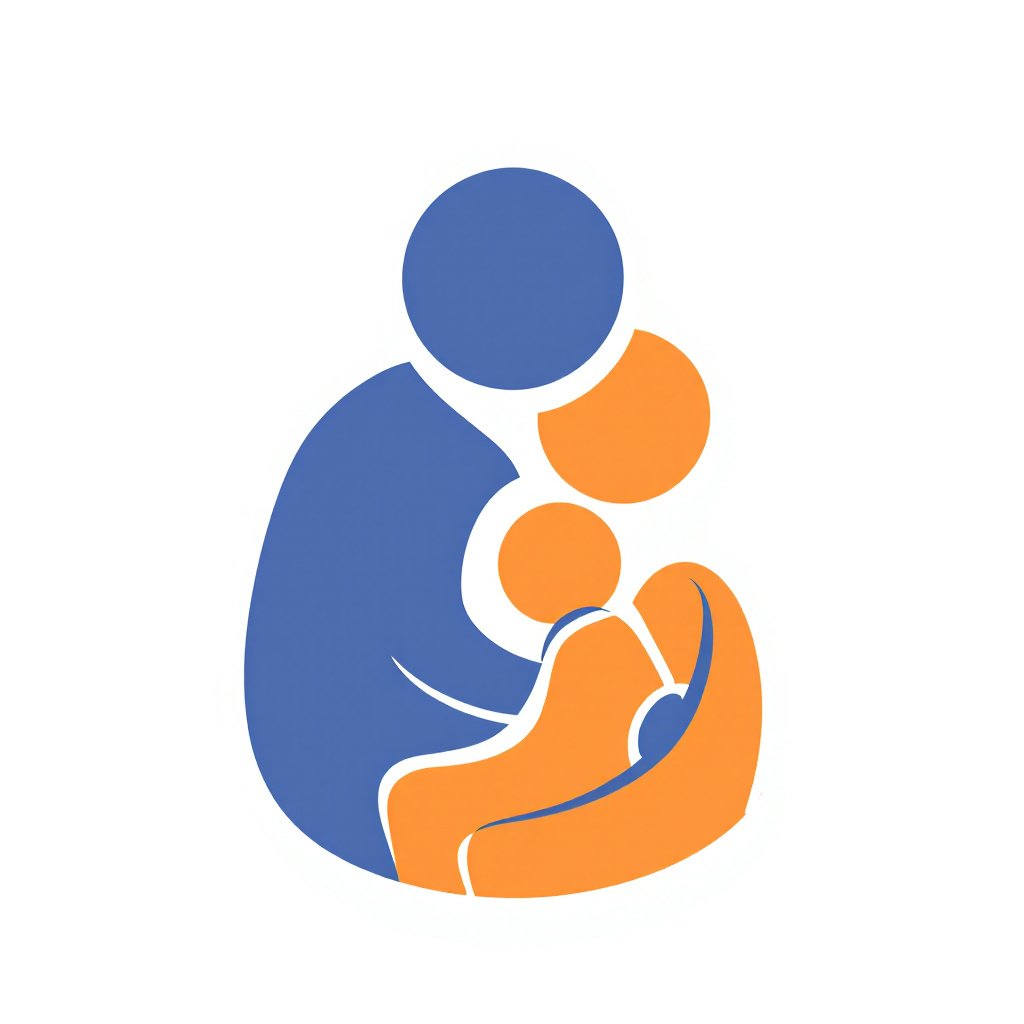 Illustration of a caregiver hugging two children, one child sitting on the caregiver's lap and the other standing in front, using blue and orange colors.