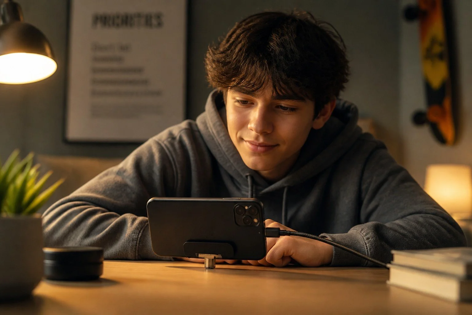 Young man in a hoodie sitting at a desk, looking at a smartphone connected to a flat charging cable with the built in stand that makes watching your favorite show or movie easier.