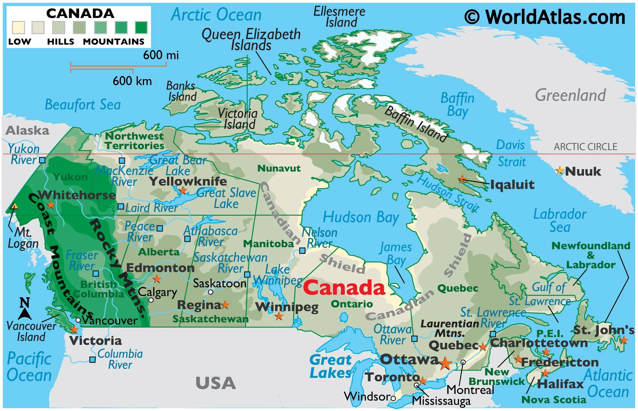 Map of Canada showing provinces, territories, major cities, lakes, mountain ranges, and other geographical features.