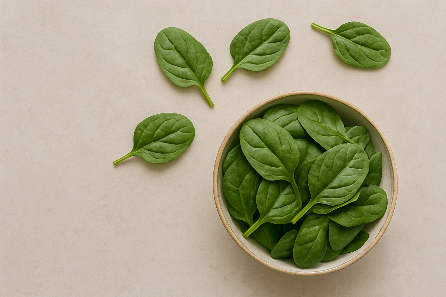 Fresh spinach leaves in a white bowl and scattered on a beige surface.