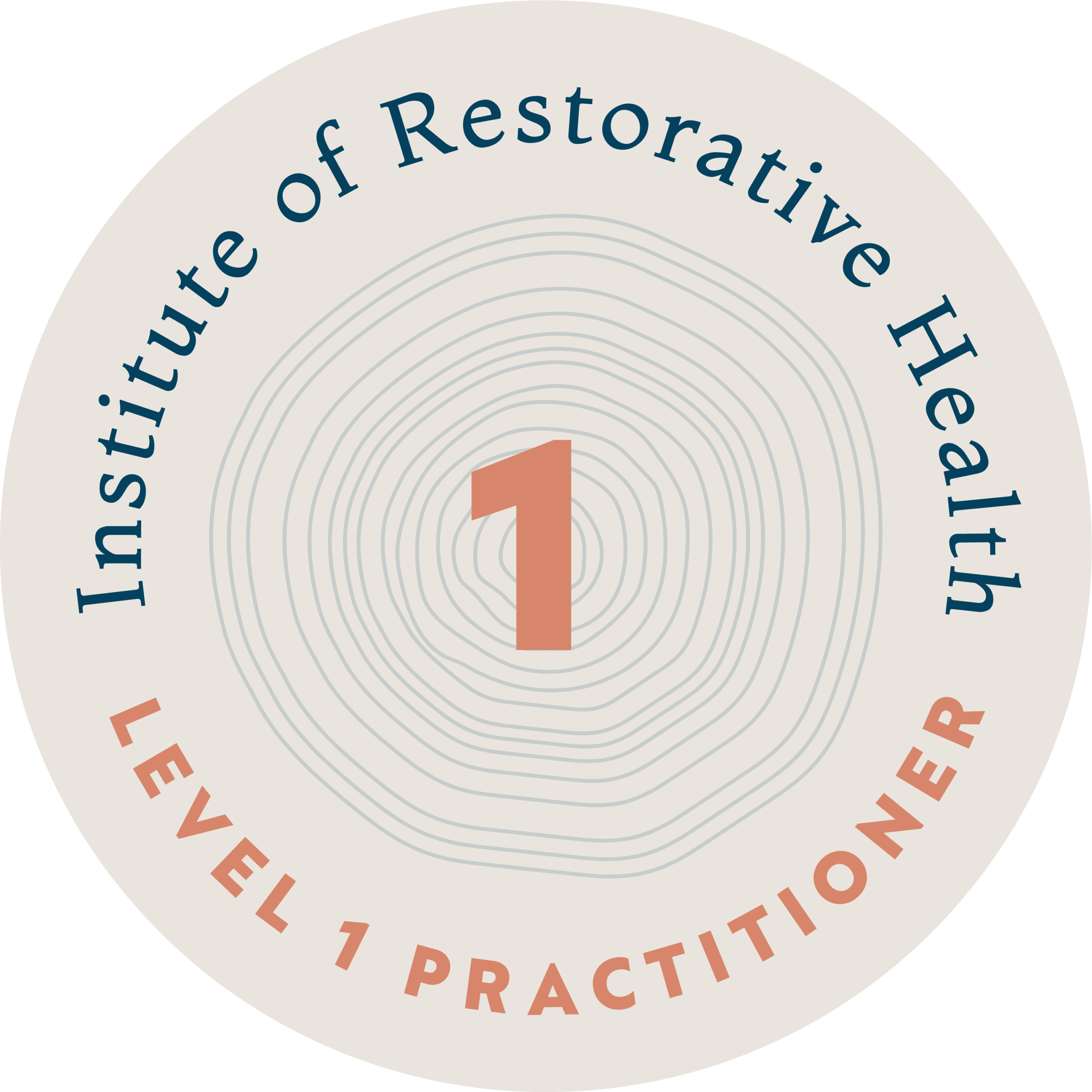 A circular badge with a central number 1, surrounded by concentric circles. The outer ring text reads 'Institution of Restorative Health' at the top and 'Level 1 Practitioner' at the bottom.