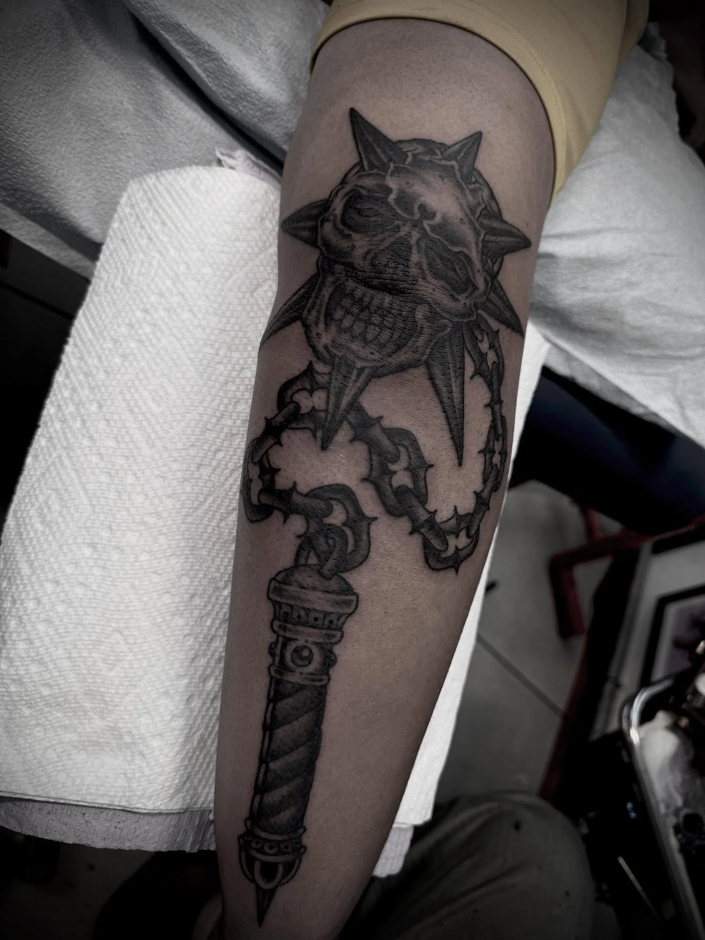 Elbow Smashing Flail. Done @elmstreettattoo DM for weaponry &amp; spiritual armor.