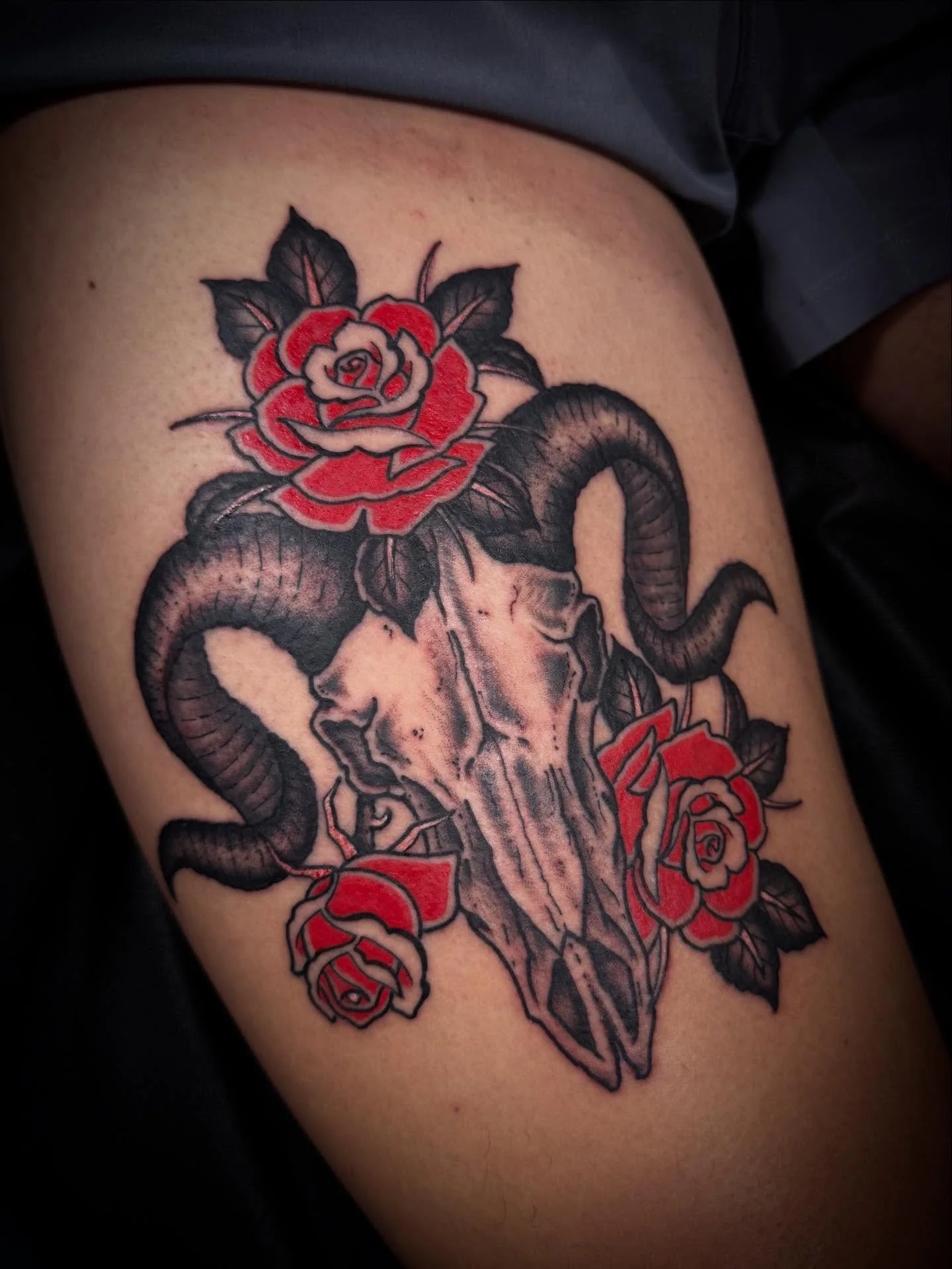 Dodge Ram Skull &amp; Roses. Done @elmstreettattoo DM TO BOOK or visit the link in bio.
