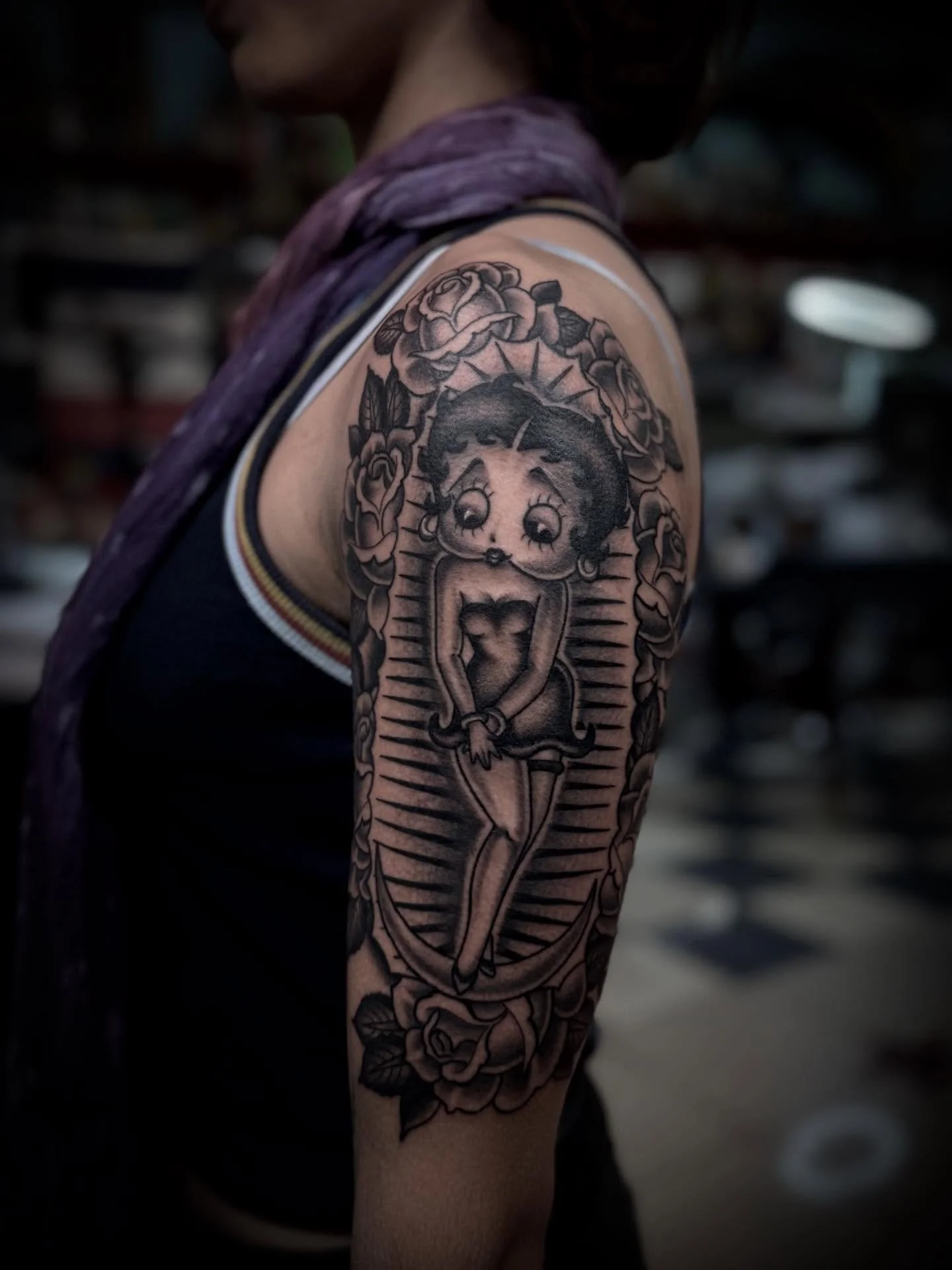 Our Lady of Betty Boop. Done @elmstreettattoo what a pleasure to do this in one shot for Abby who was super tough! DM or follow the Link in bio to book!