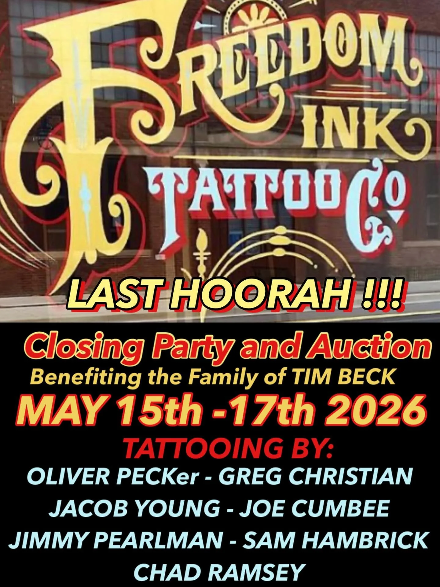 @freedomink closing party and auction ... May 15th 16th &amp; 17th ... tattooing by @oliverpecker @gregchristian4130 @fullheartstattoo @bigjoecumbeetattoo @samhambrick @chadramsay and myself!... silent auction for contents of the shop ! Art ! flash !