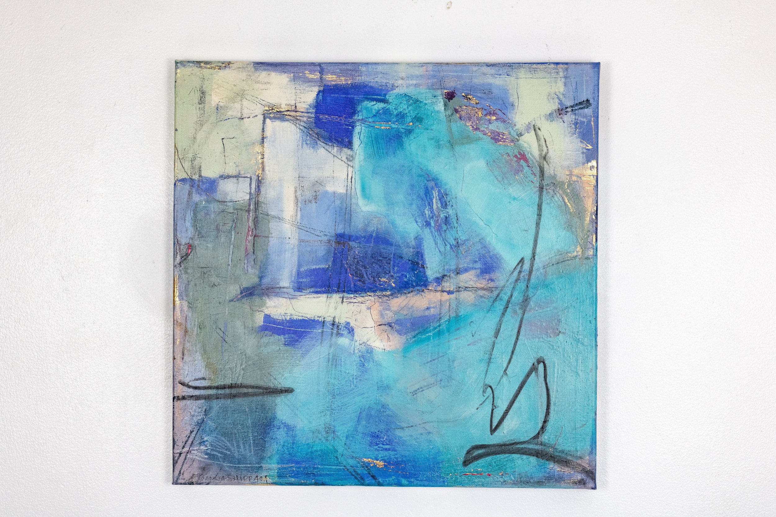 Copper Blue (The Graceful Passage of Time) , 20 x 20 in., acrylic, coal, gold leaf, copper oxide on canvas