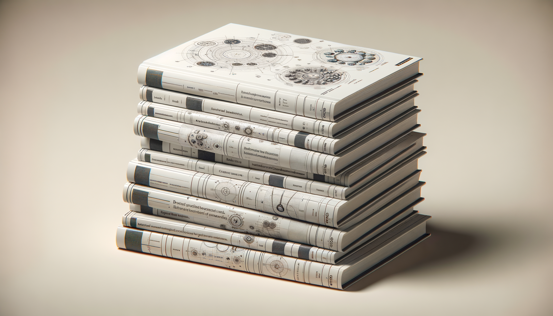 Stack of ten hardcover books with scientific and technical diagrams on white covers, placed on a beige background with soft lighting.