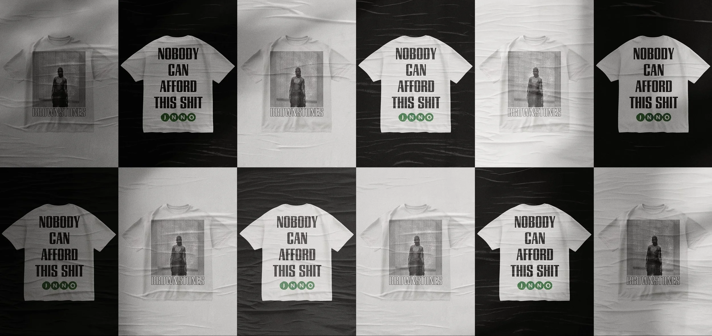 A collage of images featuring t-shirts with two different designs. One design shows a black and white photo of a person behind bars with the text 'BROWNSTONES' underneath. The other design features bold black text saying 'NOBODY CAN AFFORD THIS SHIT' with three small green circles below containing the letters 'O N O'.