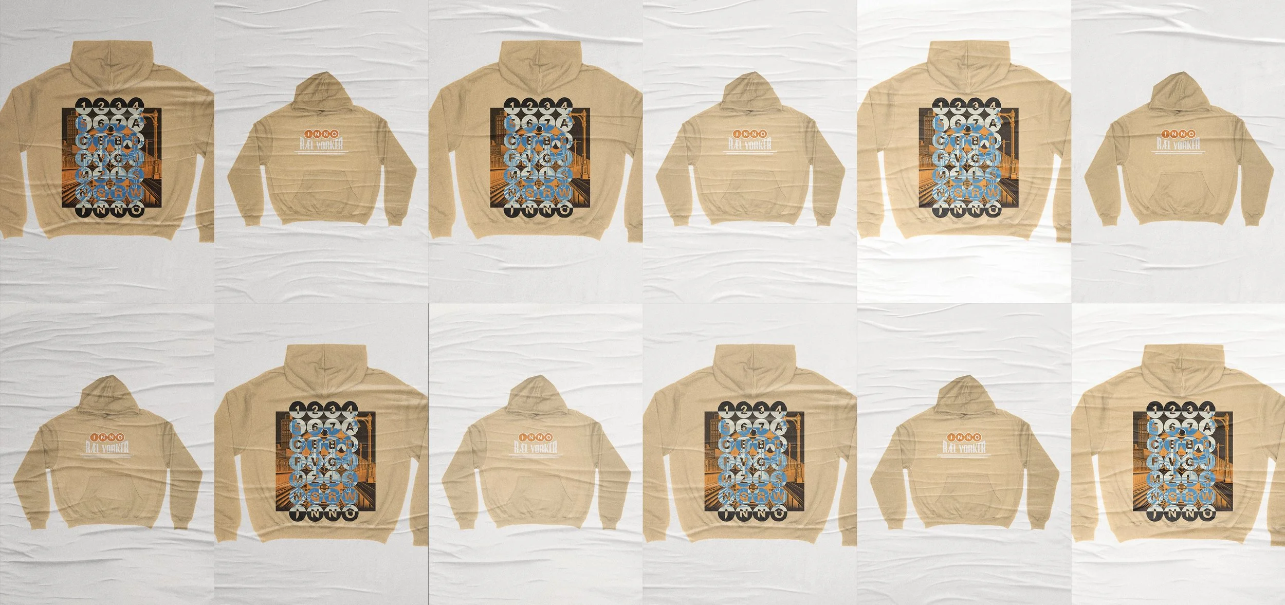 Multiple beige hoodies featuring a graphic design, arranged in a grid on a white background, with some showing the front and others showing the back of the hoodies.