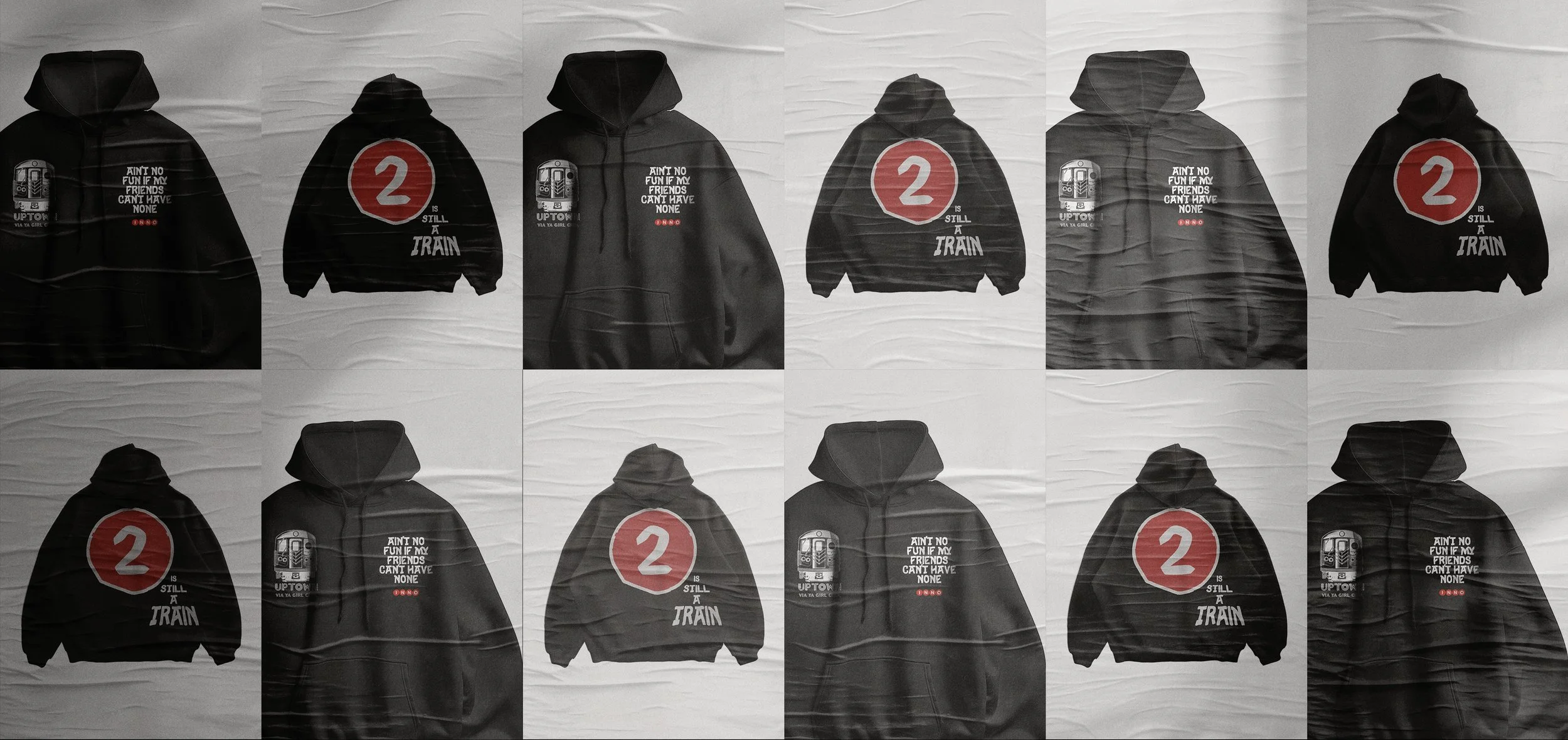 Collage of six black hoodies with various graphics and text, arranged in alternating rows on a white wrinkled background.