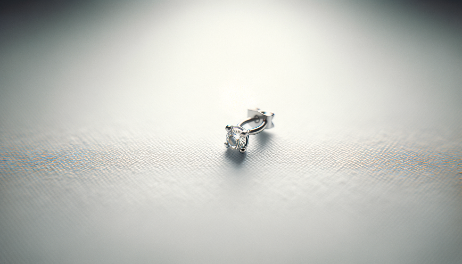 Close-up of a single silver earring with a central clear gemstone, resting on a textured, light-colored surface.