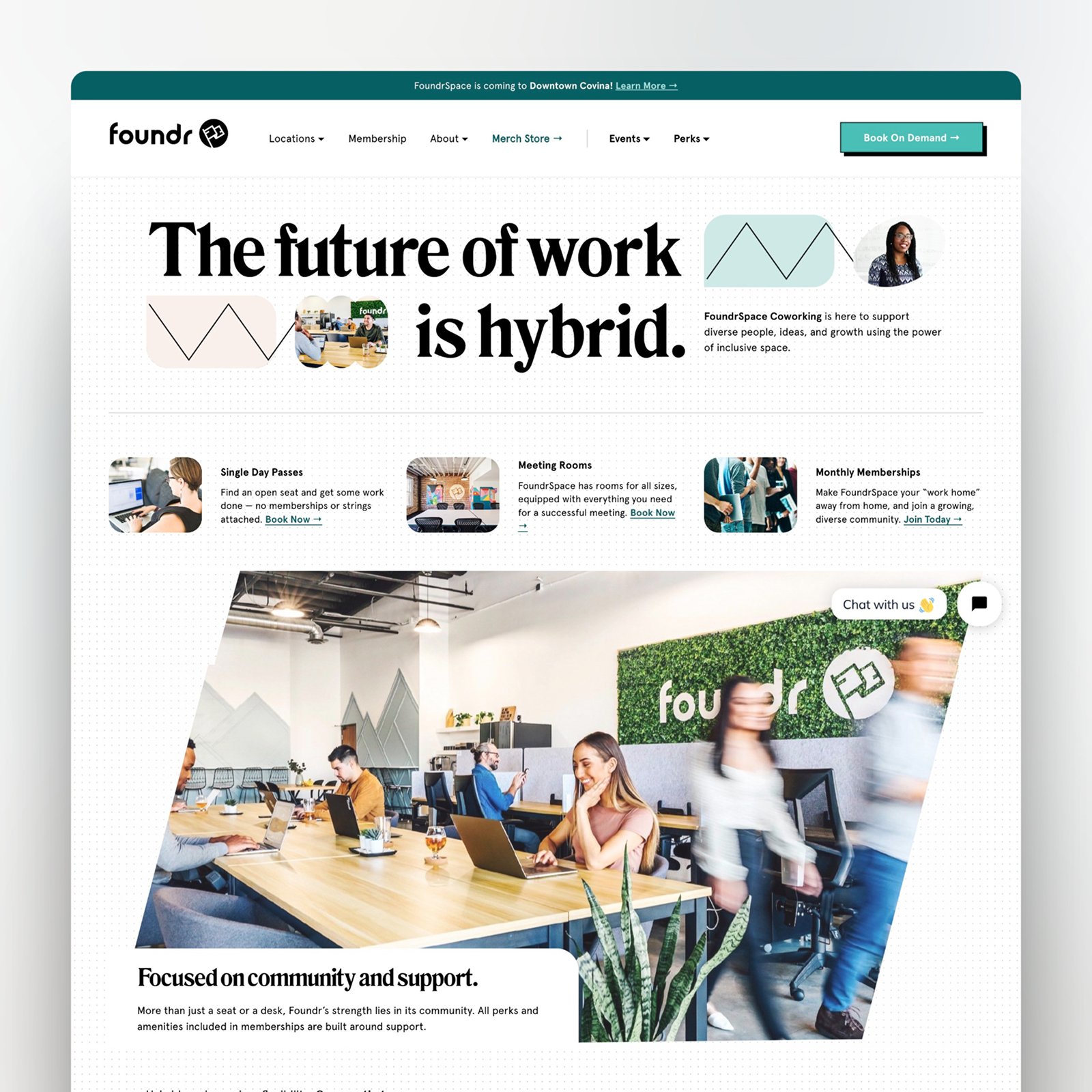 Screenshot of FoundrSpace website homepage featuring coworking space information, with images of people working at desks, meeting rooms, and community support, and a prominent header 'The future of work is hybrid.'