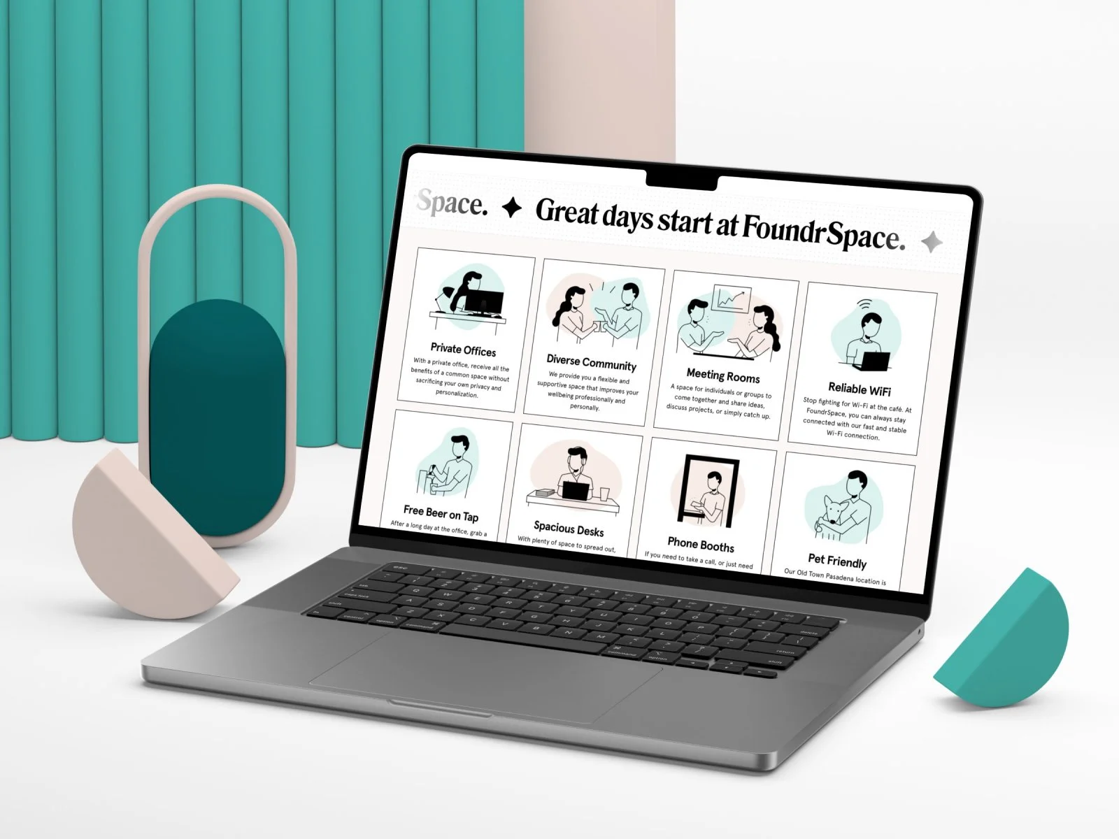 Open laptop displaying FoundrSpace website with features like private offices, diverse community, meeting rooms, reliable WiFi, free beer on tap, spacious desks, phone booths, and pet friendly, on a white desk with decorative objects and a teal curta